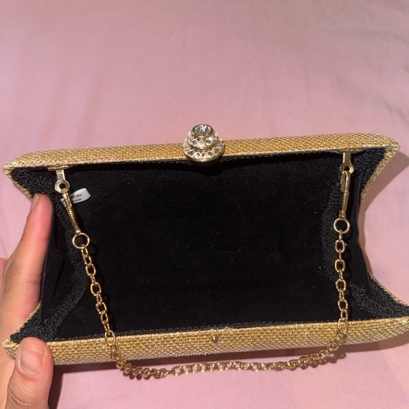 Gold Evening Clutch Purse with Rhinestone Knob - Picture 7 of 9